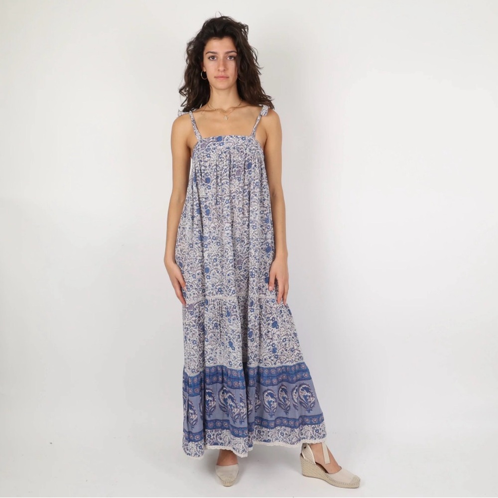 M.A.B.E Maxi boho cottage peasant paisley print dress shoulder tied floral sz L